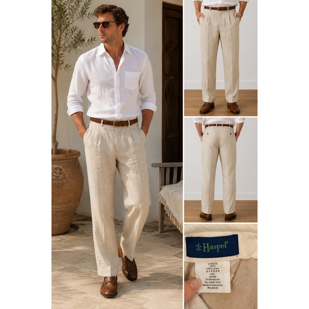 Haspel Mens 100% Linen Oxford Trousers Beige Straight Leg Pants 36 RW